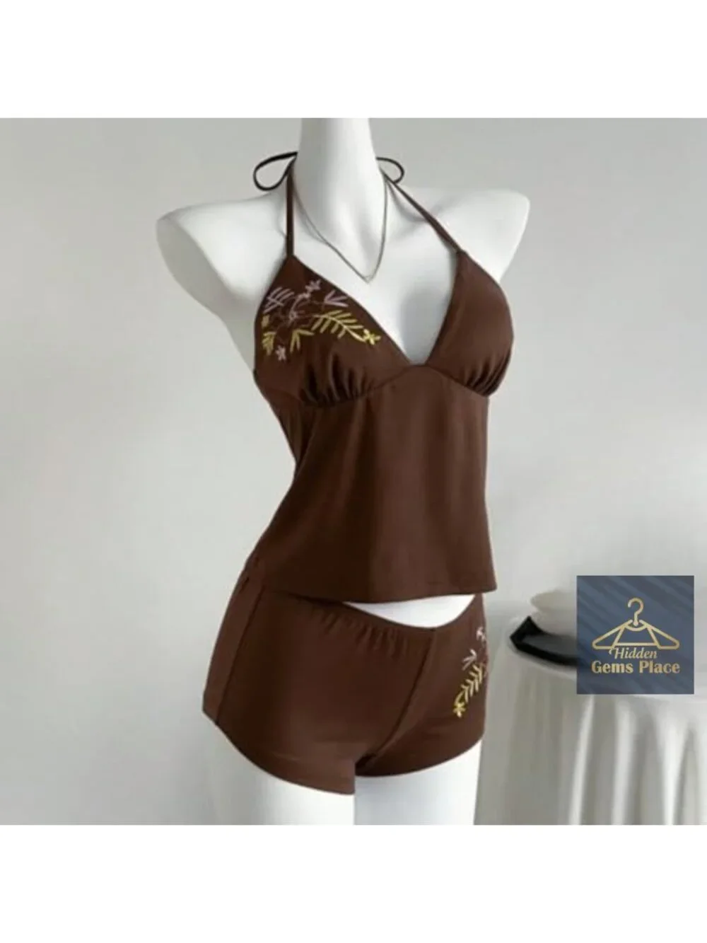 Y2k Floral Bikini Set 2 Piece String Bikini Longline Top Board Shorts
